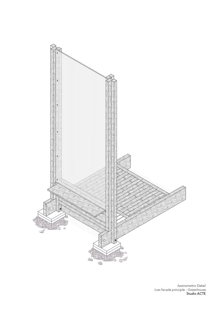 Détail d'assemblage de la façade et des fondations de Greenhouse